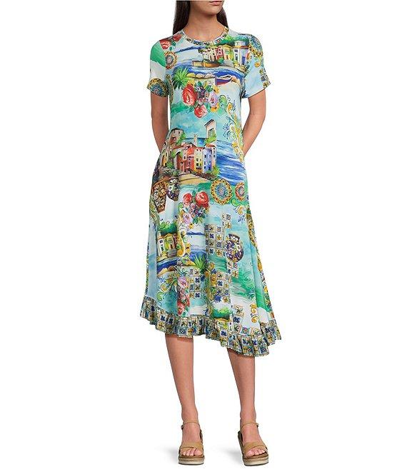 JOHNNY WAS Janie Favorite Scenic Print Knit Crew Neck Short Sleeve Asymmetrical Hem Midi Dress Product Image