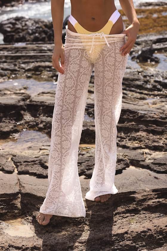 Island Cream Sheer Crochet Lace Cover-Up Pants Product Image