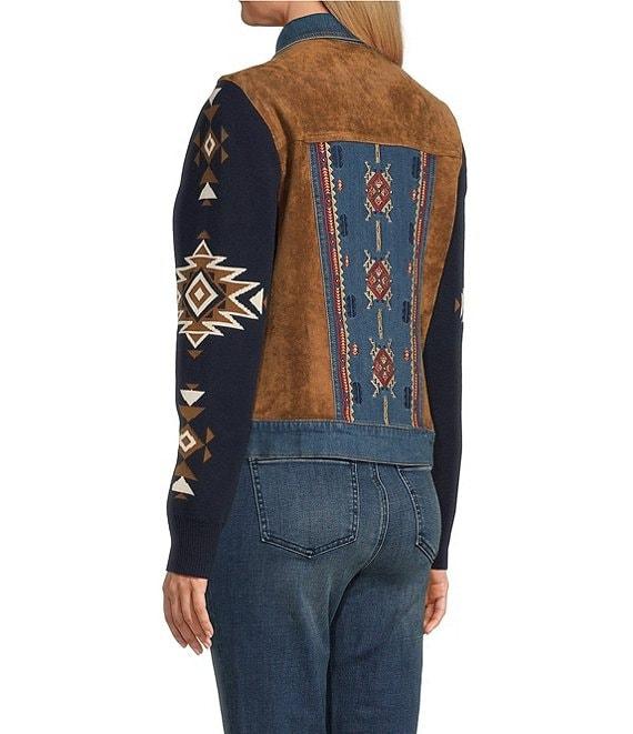 Reba Faux Suede Denim Knit Jacquard Point Collar Long Sleeve Embroidered Button Front Jacket Product Image