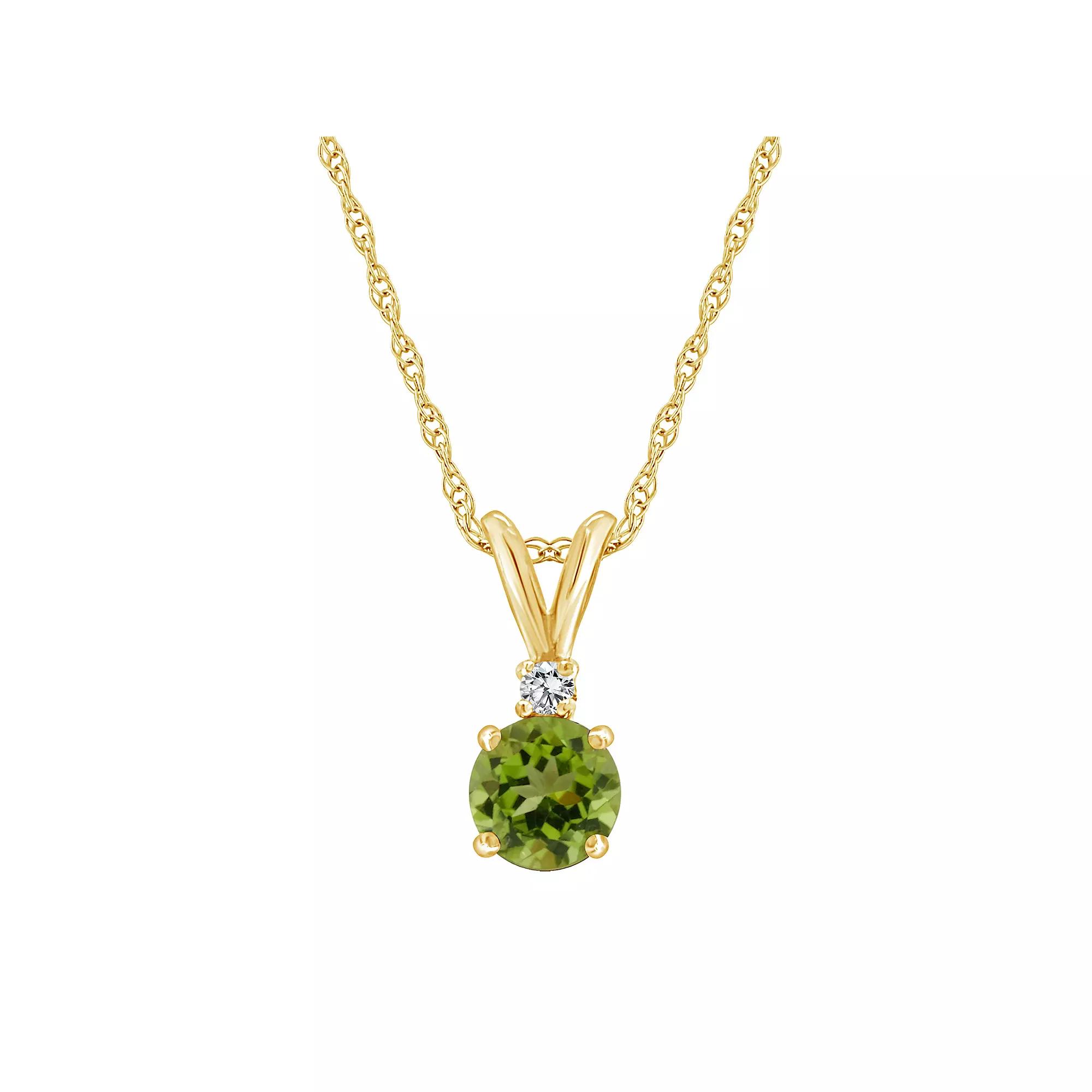 Celebration Gems 14K Yellow Gold 6mm Round Gemstone & Diamond Accent Pendant Necklace, Women's, Size: 18", Peridot Product Image