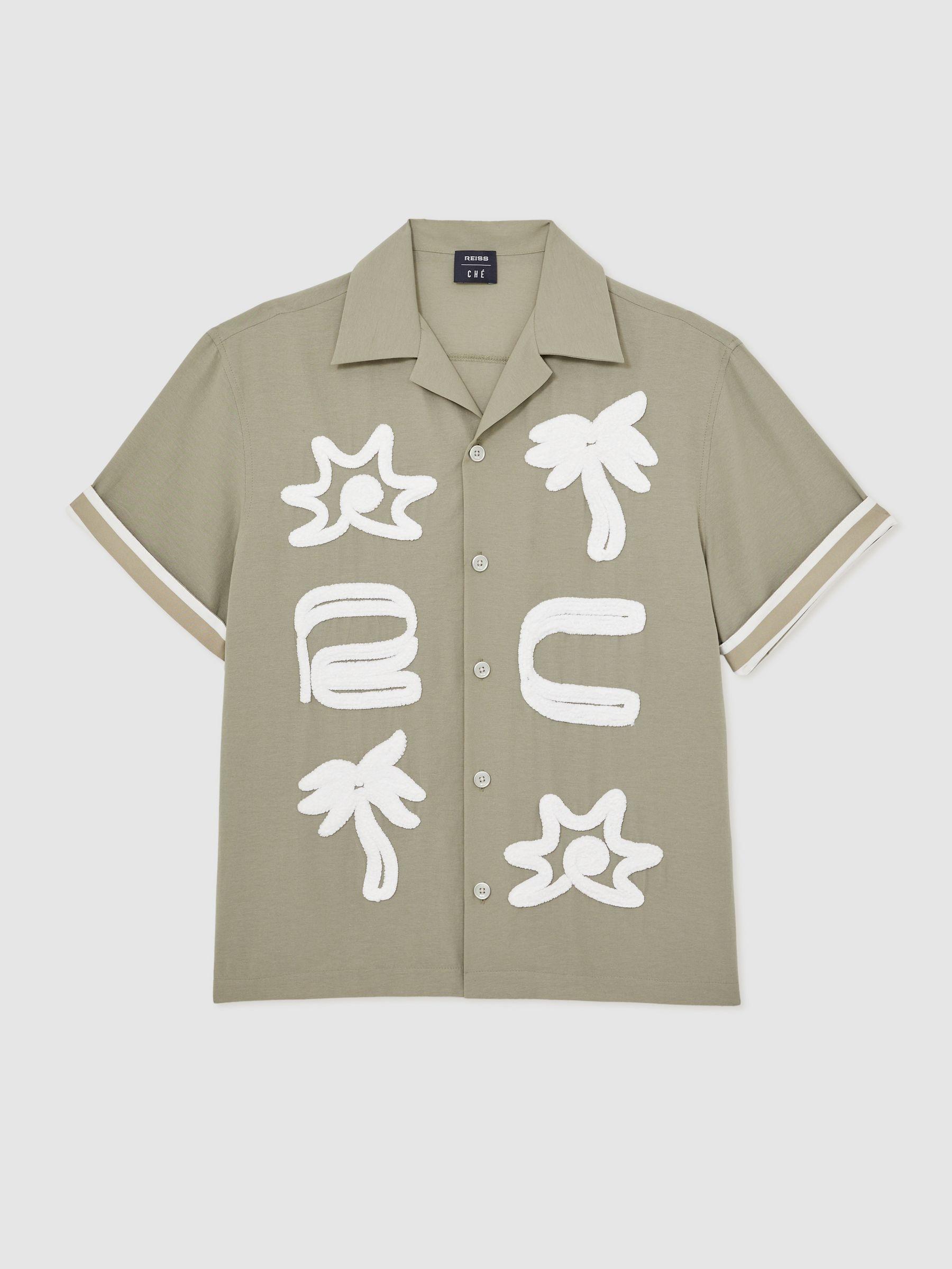 Reiss | Ché Motif-Embroidered Shirt in Sage/White Product Image
