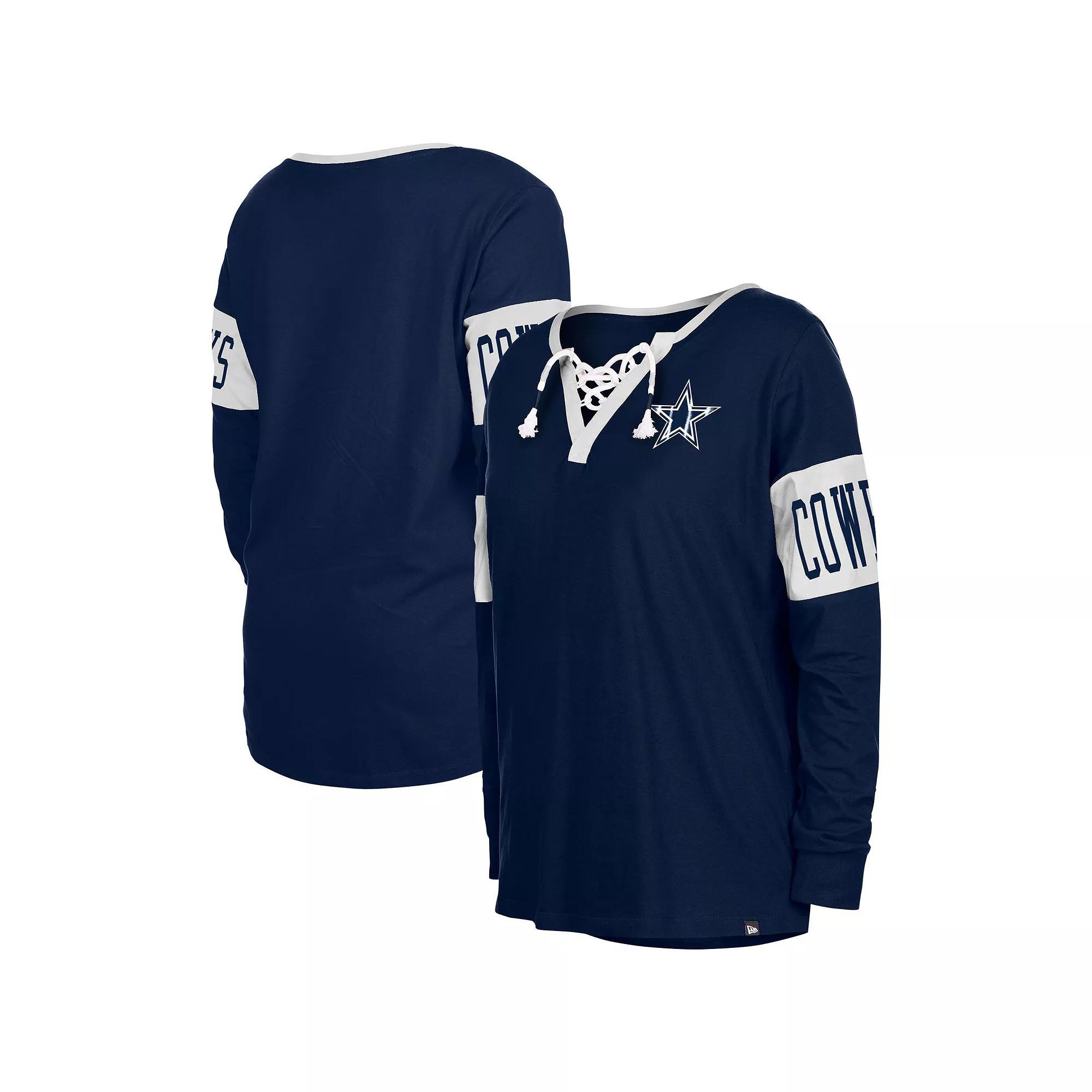 Women's New Era Navy Dallas Cowboys Lace-Up Notch Neck Long Sleeve T-Shirt,  Product Image