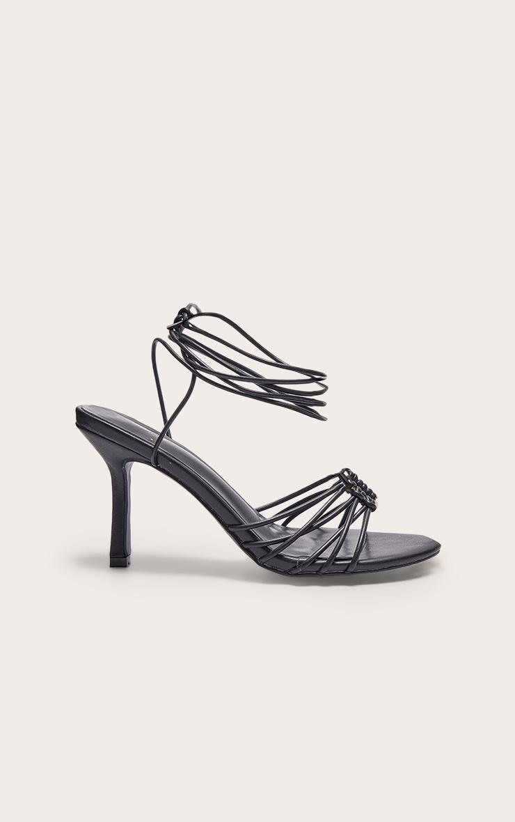 Black Pu Silver Buckle Round Toe Lace Up Heeled Sandals Product Image