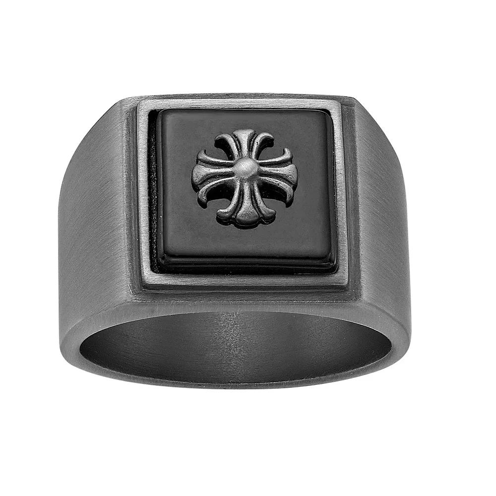 LYNX Men's Gray Ion Plated Stainless Steel Ring Black Agate Cross Ring, Size: 11, Multi Product Image