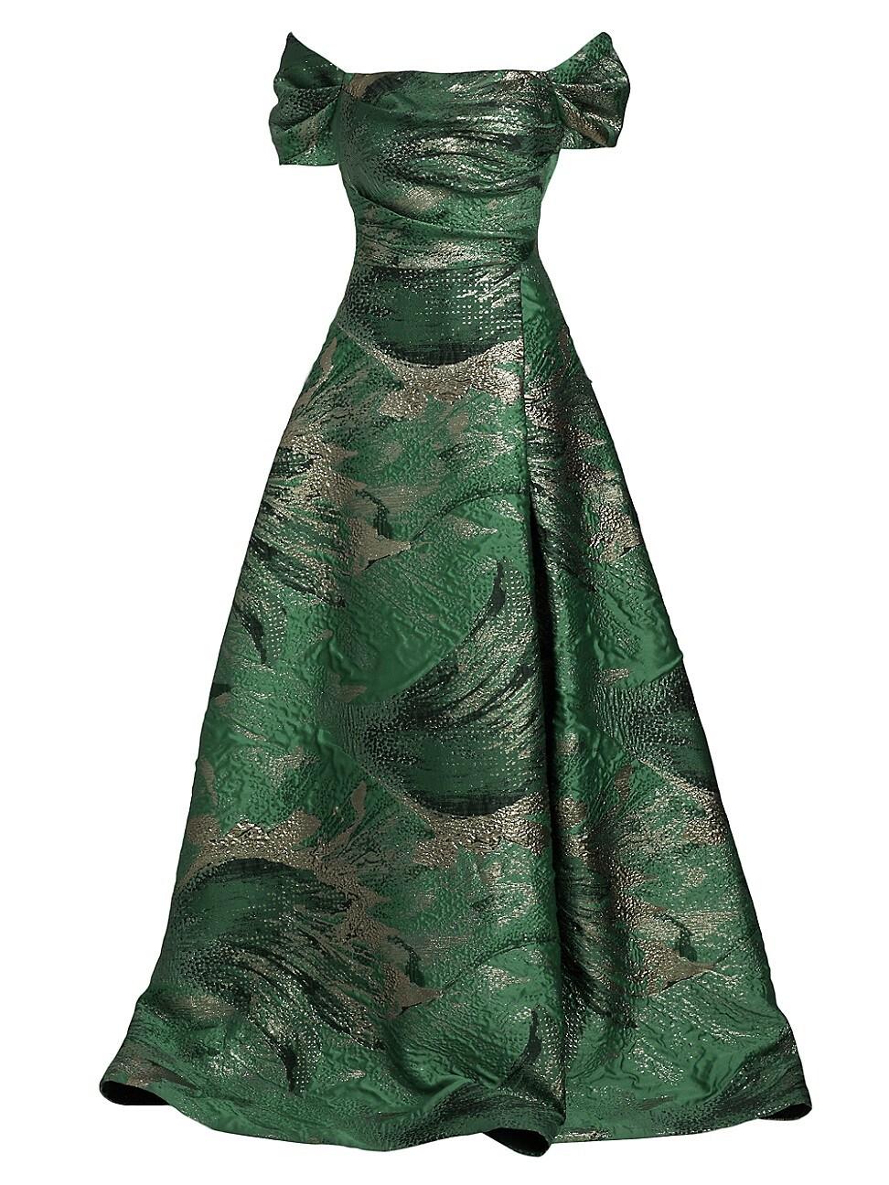 Womens Leaf Metallic Jacquard Off-the-Shoulder Gown Product Image
