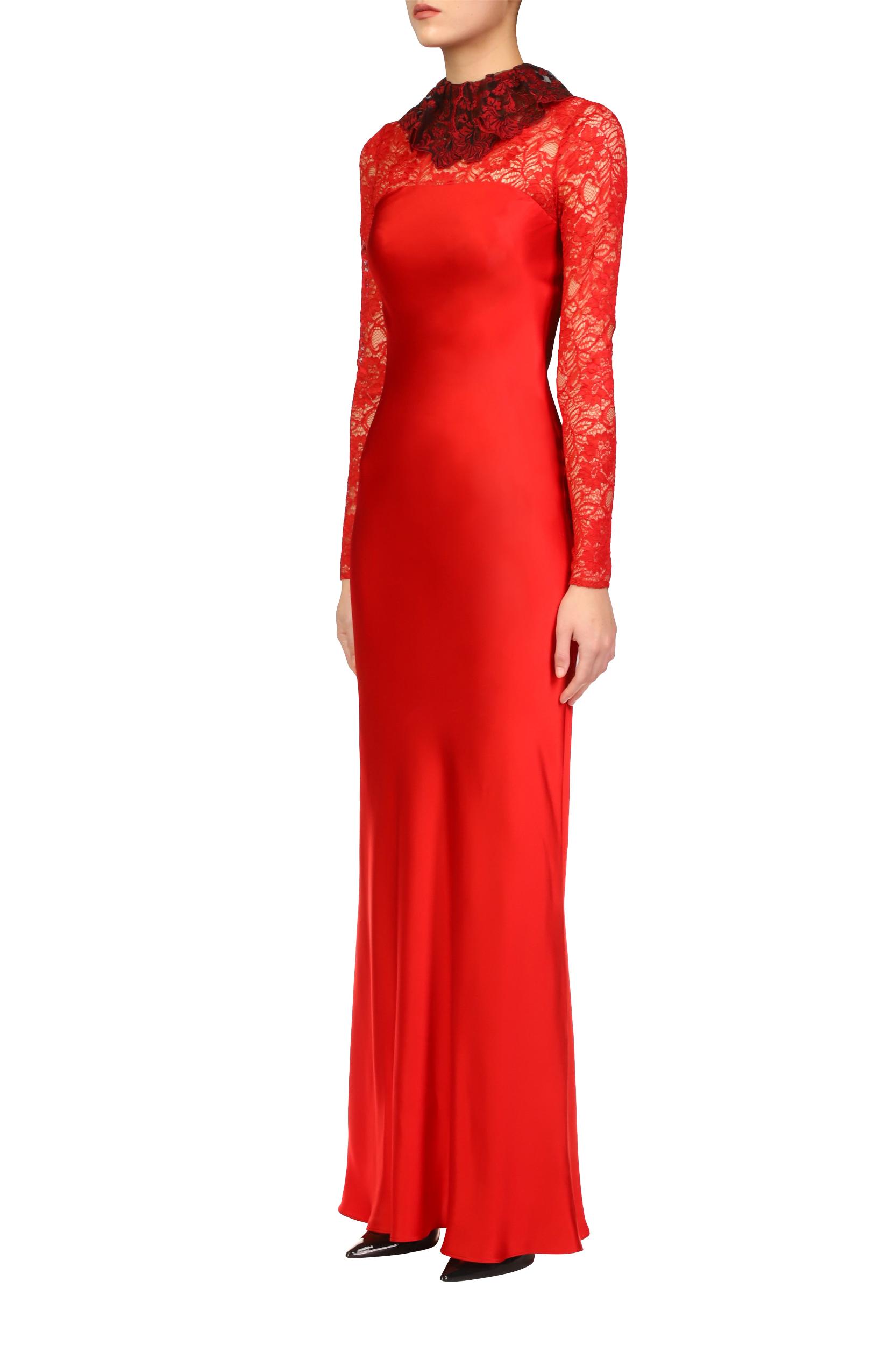 Red Silk Satin Bias Gown With Red Lace Sleeves And Collar Detail Product Image