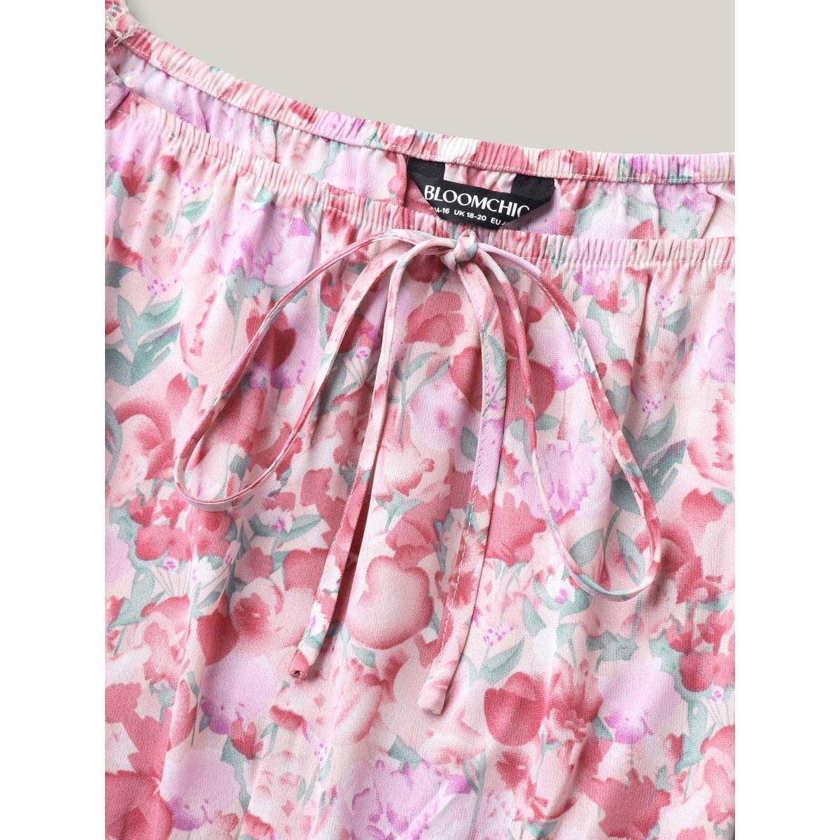 Plus Size Floral Print Shirred Waist Pockets Midi Dress Blush Women Timeless Tie knot Square Neck Half Sleeve Curvy BloomChic 30/6X Product Image