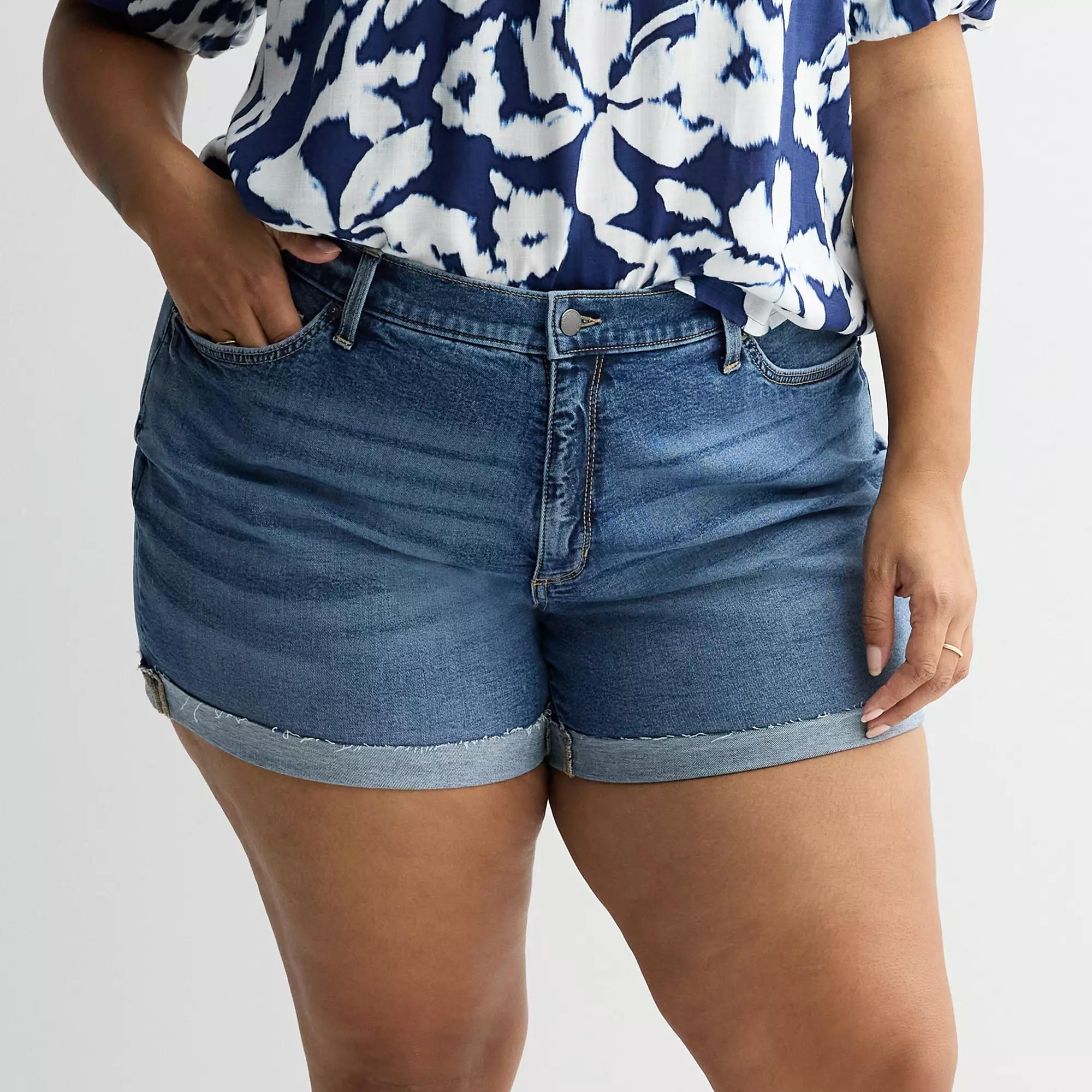 Plus Size Sonoma Goods For Life Curvy Mid-Rise Roll Cuff Shorts, Women's, Size: 30W, Medium Dark Blue Product Image