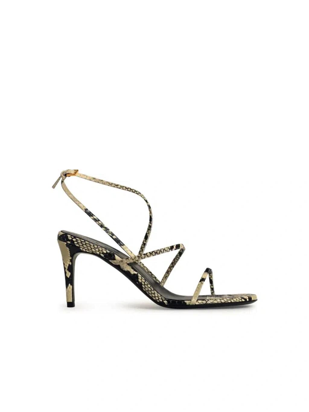 KHAITE Loop Snake-effect Leather Sandals In Beige Comb Product Image