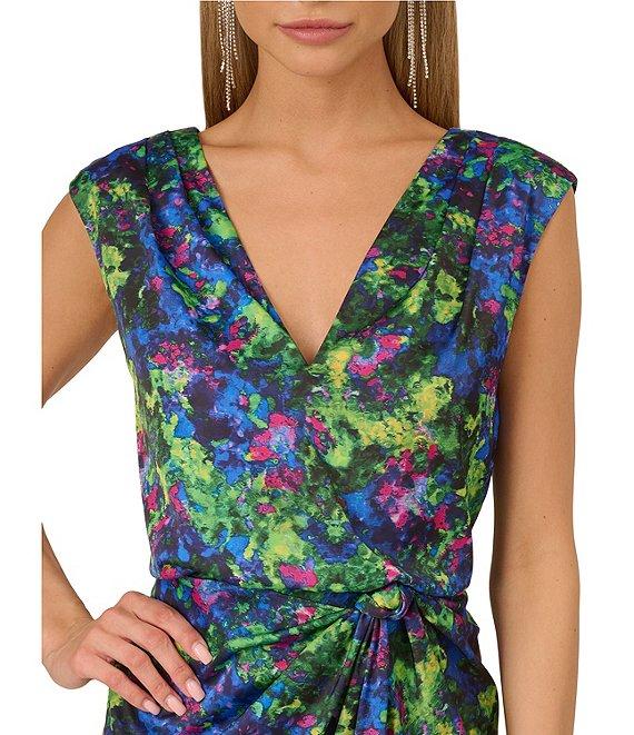 Adrianna Papell Floral Satin V-Neck Sleeveless Faux Wrap Midi Dress Product Image