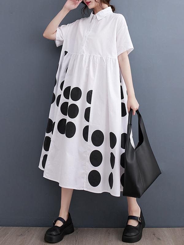 A-Line Loose Buttoned Pockets Polka Dot Printed Lapel Midi Dresses Product Image