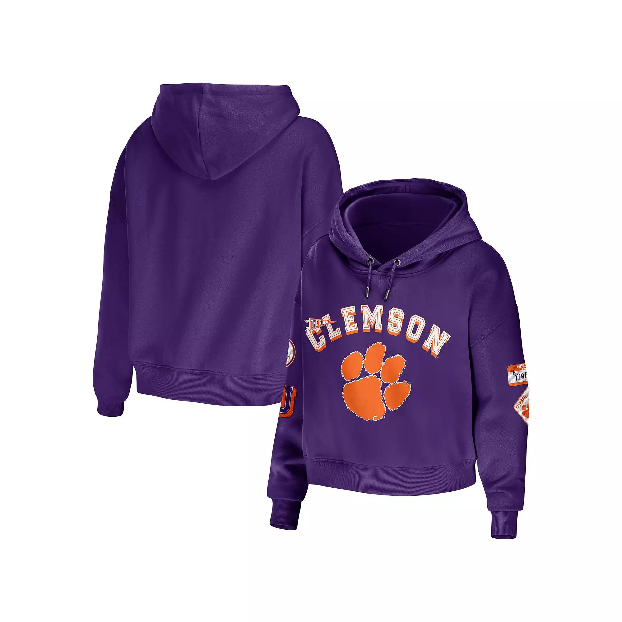 Women's WEAR by Erin Andrews Purple Clemson Tigers Mixed Media Cropped Pullover Hoodie,  Product Image