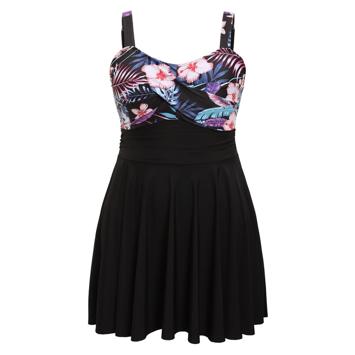 Plus Size Floral Patchwork Flutter Hem Empire Waist Swim Dress Women's Swimwear Black Vacation Bodycon Spaghetti Strap High stretch Curve Swim Dresses BloomChic 10/M Product Image