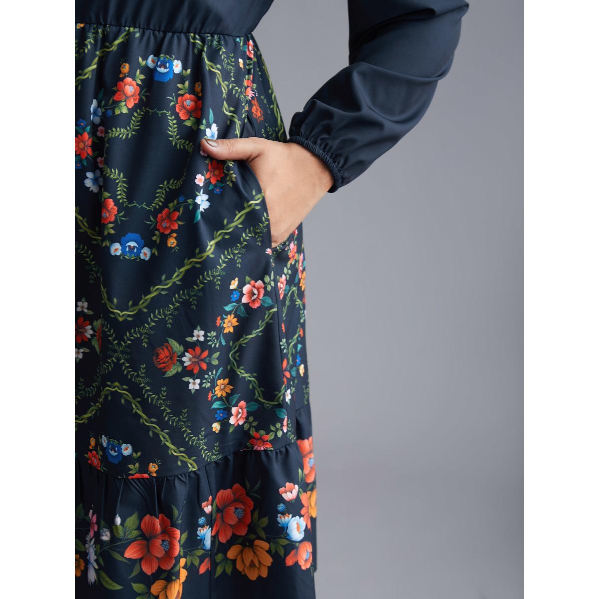 Plus Size Floral Printed Heart neckline Lantern Sleeve Dress DarkBlue Women Elegant Patchwork Heart neckline Long Sleeve Curvy BloomChic 22-24/3X Product Image