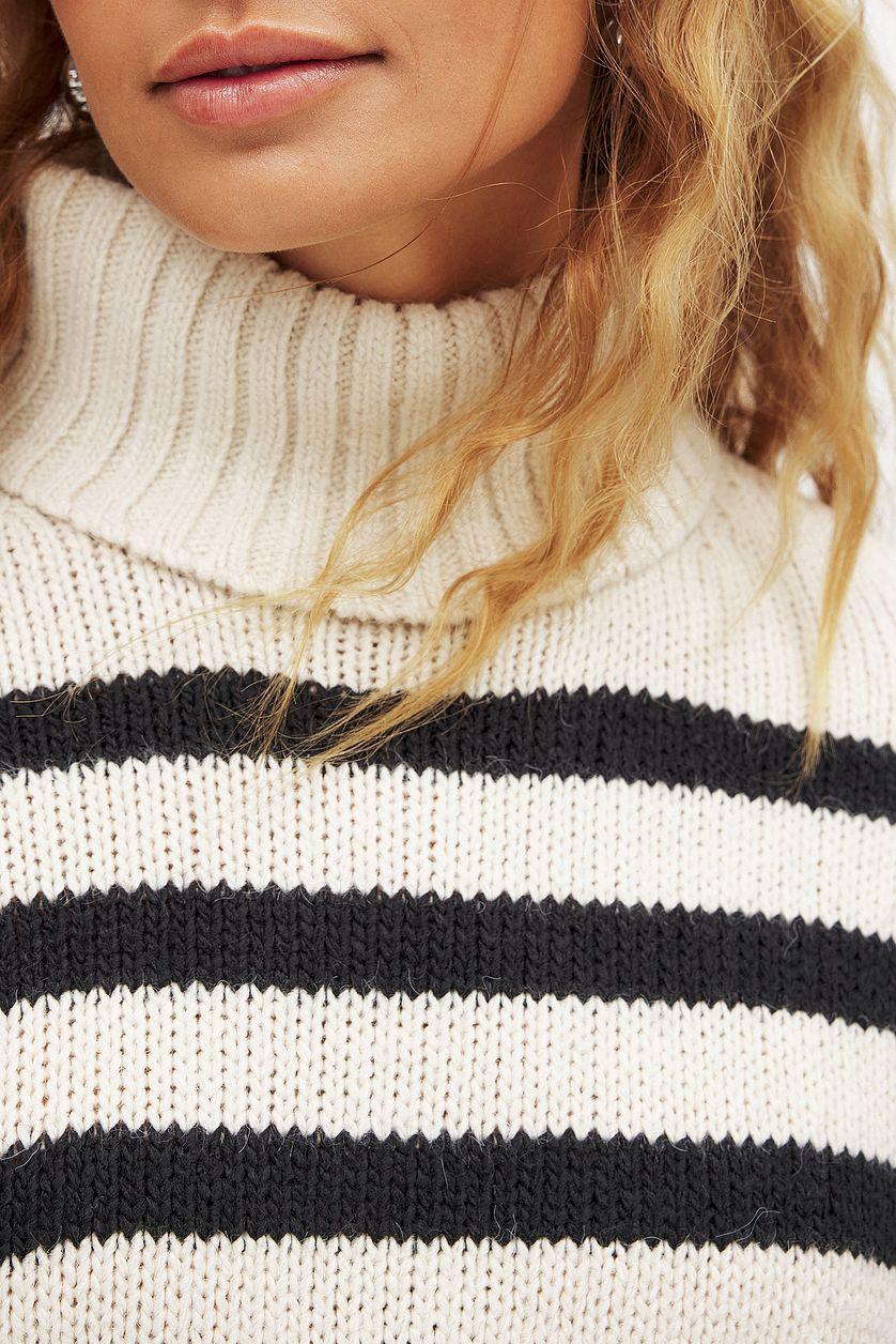 Turtle Neck Knitted Striped Sweater Black Product Image