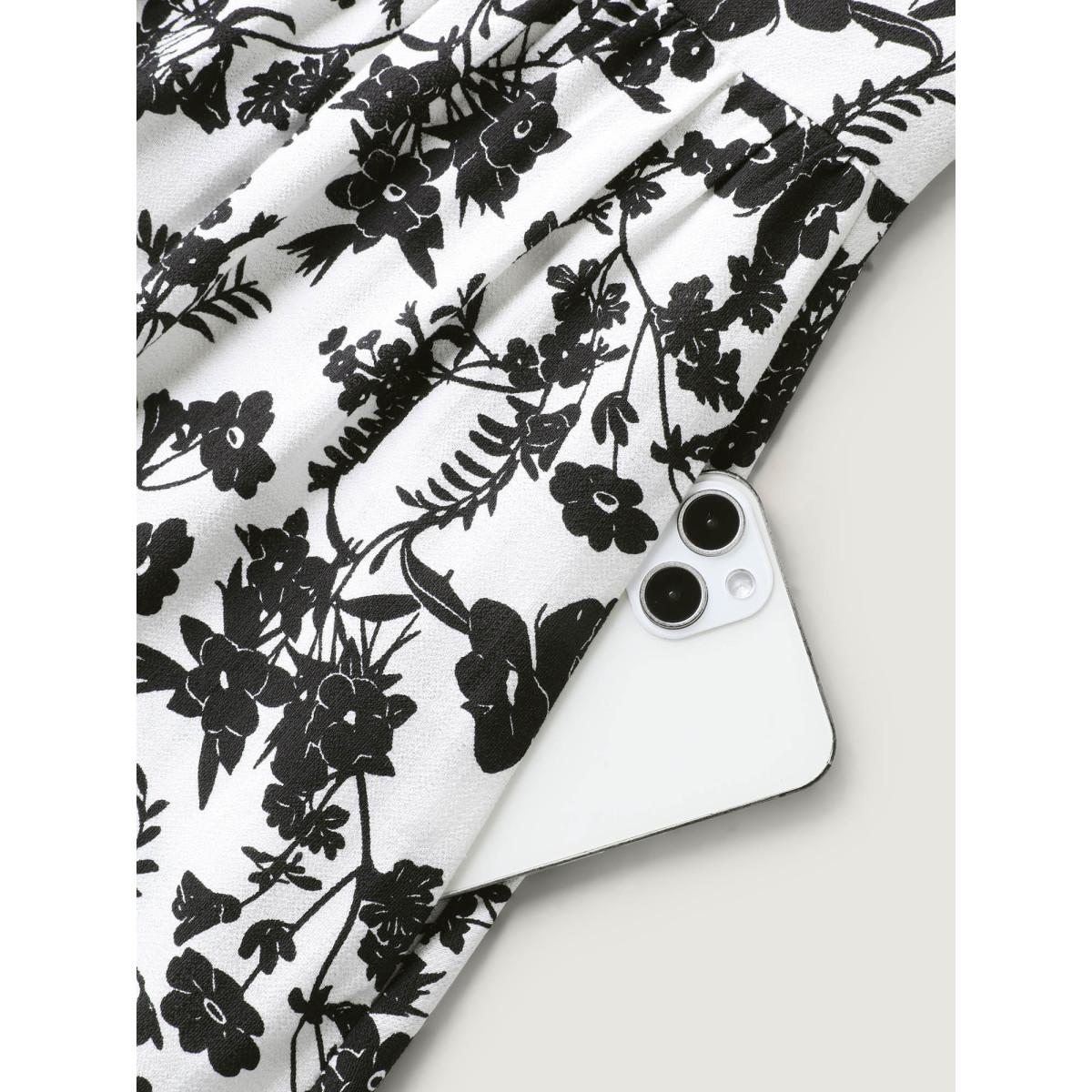 Plus Size Monochrome Florals Shirred Backless Midi Dress Black Women Contrast U-neck Sleeveless Curvy BloomChic 28/5X Product Image