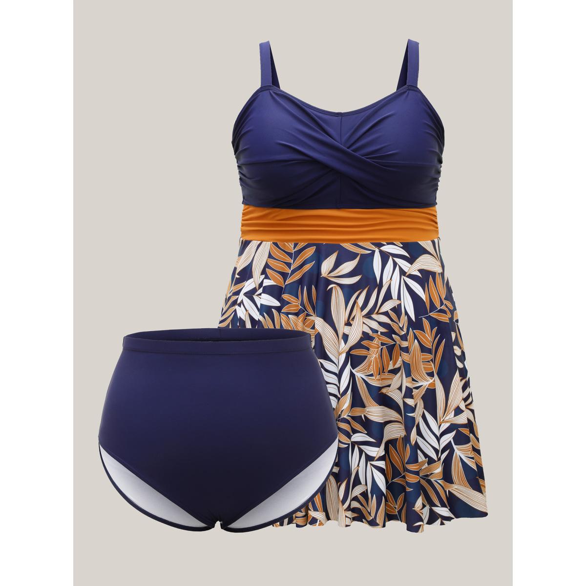 Plus Size Tropical Flower Color Block Swim Dress Women's Swimwear Indigo Resort Bodycon Heart neckline High stretch Curve Swim Dresses BloomChic 26/4X Product Image