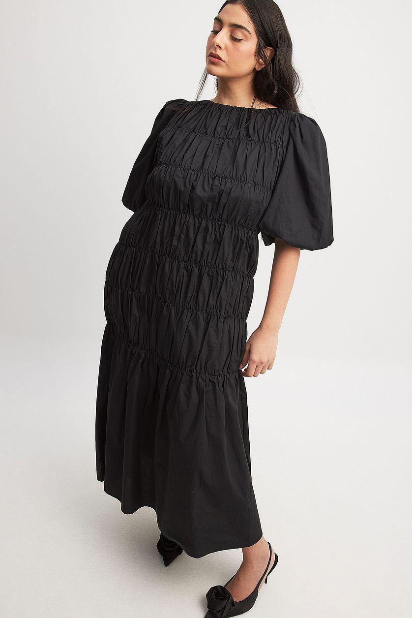 Cotton Puff Sleeve Smock Detail Midi Dress Product Image