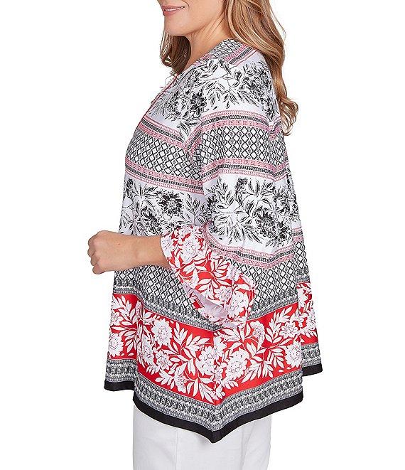 Ruby Rd. Plus Size Printed Embellished Keyhole Neck 3/4 Ruffle Sleeve Sharkbite Hem Top Product Image