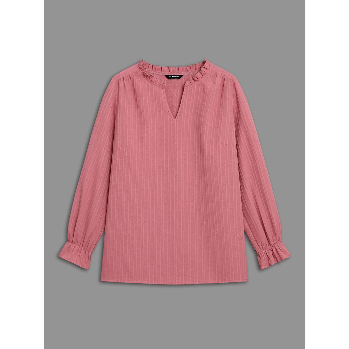 Plus Size DustyPink V Neck Frill Trim Textured Blouse Women Elegant Extra Long Sleeve V-neck Everyday Blouses BloomChic 30/6X Product Image