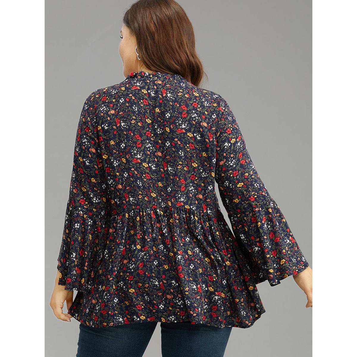 Plus Size Indigo Floral Tie Neck Frill Trim Bell Sleeve Blouse Women Elegant Long Sleeve Tie Neck Dailywear Blouses BloomChic 26/4X Product Image