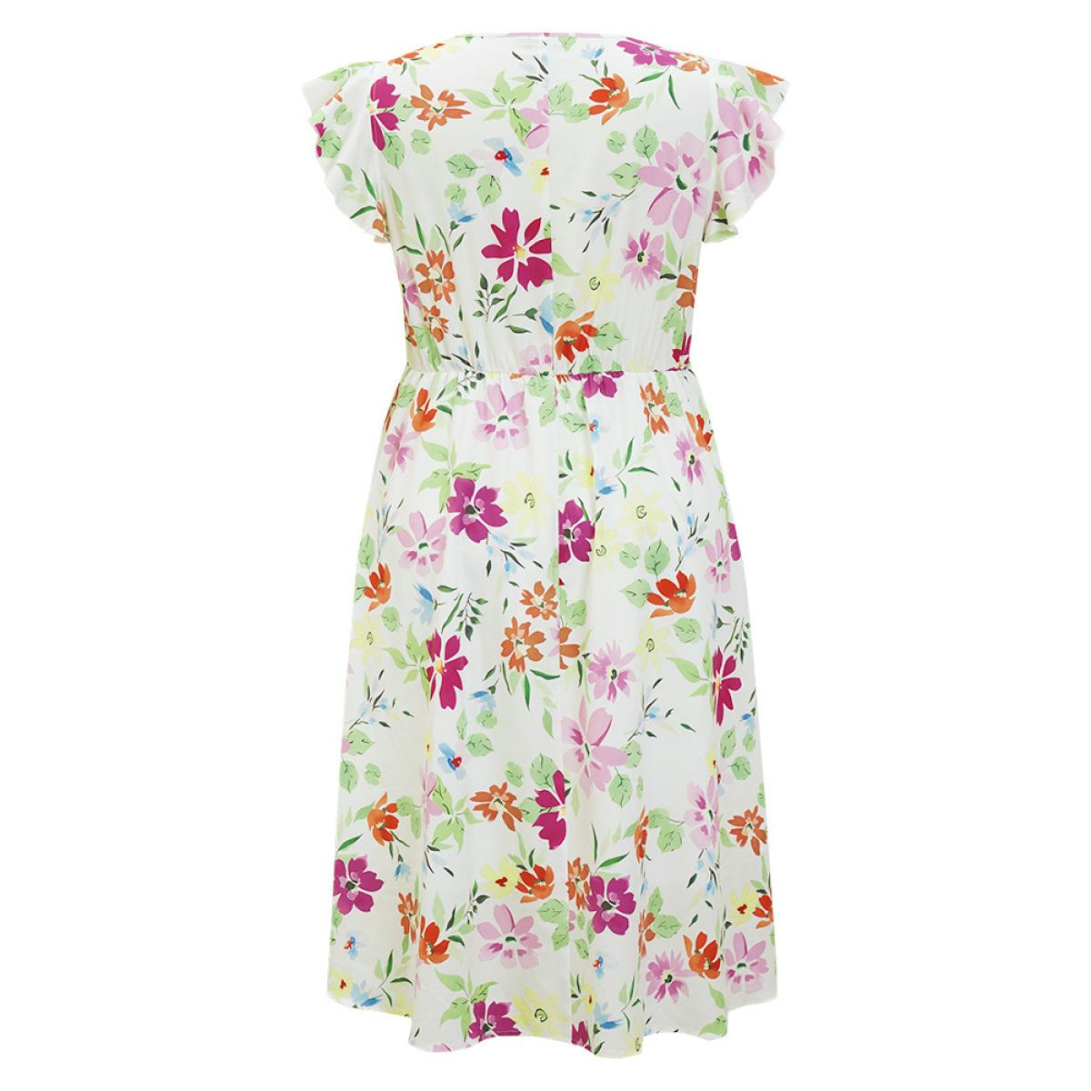 Plus Size Floral Knot Neck Pocket Cap Sleeve Ruffle Trim Dress Multicolor Women Elegant Knotted V-neck Cap Sleeve Curvy Midi Dress BloomChic 30/6X Product Image