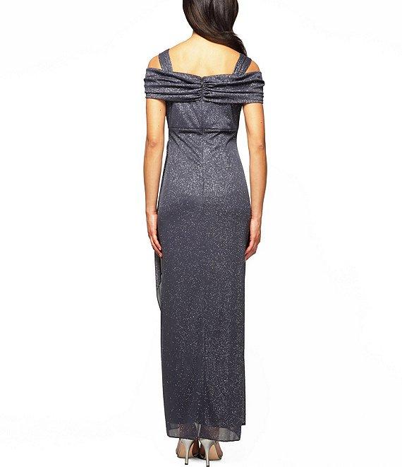 Alex Evenings Glitter Mesh Cowl Neck Cold Shoulder Cap Sleeve Side Slit Ruched Gown Product Image