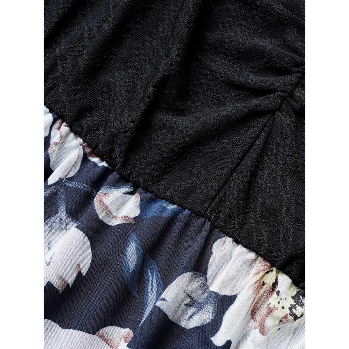 Plus Size Chiffon Floral Patchwork Ruched Hollow Out Dress DarkBlue Women Elegant Non Square Neck Short sleeve Curvy Midi Dress BloomChic 18-20/2X Product Image