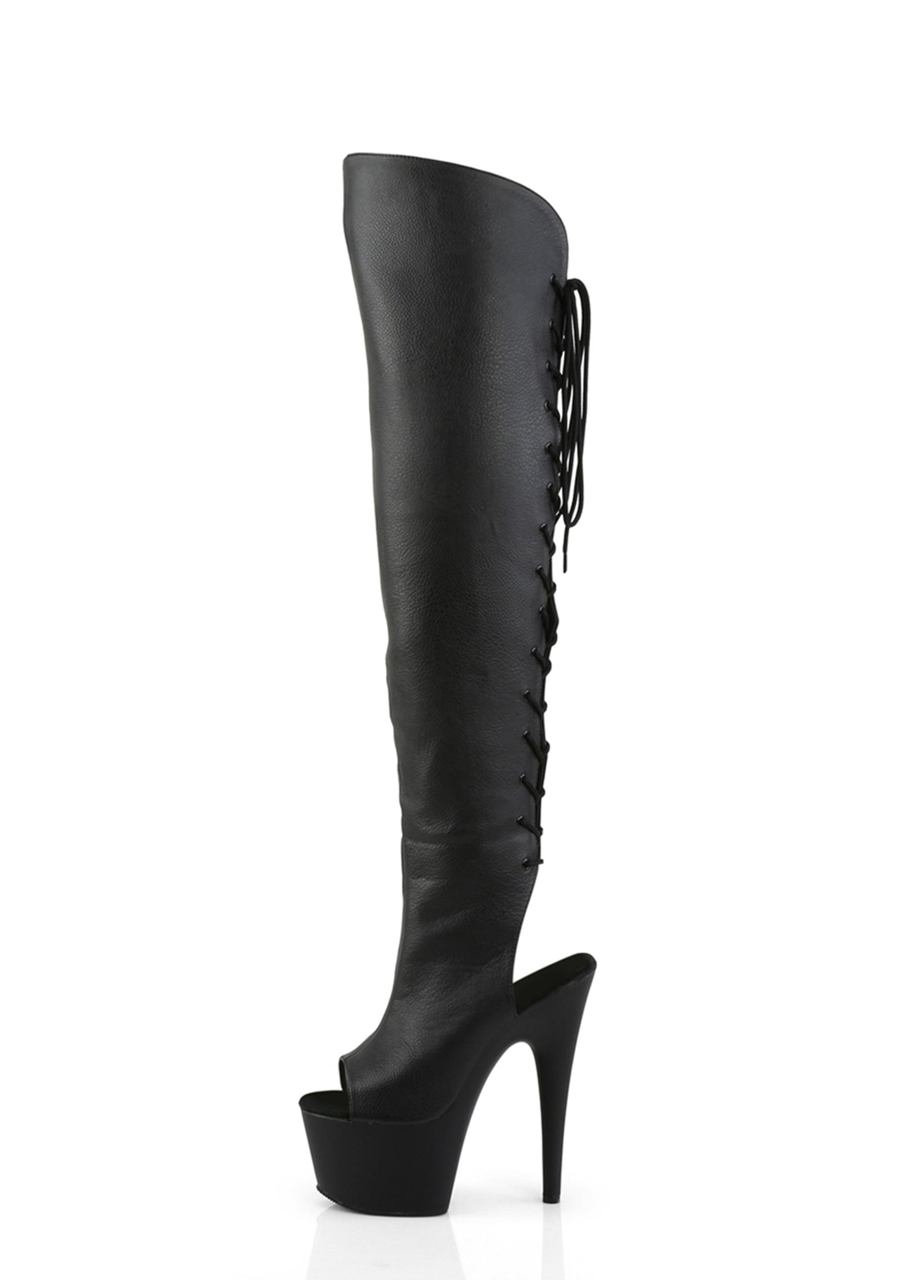 Pleaser Lace Up Knee High Cut Out Stiletto Boots - Black Product Image