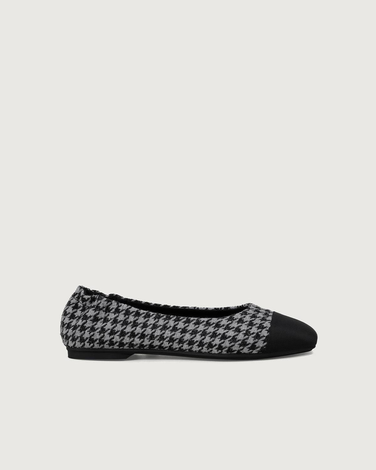 Enfiis Black and Grey Houndstooth Jacquard Square Toe Ballet Flats Product Image