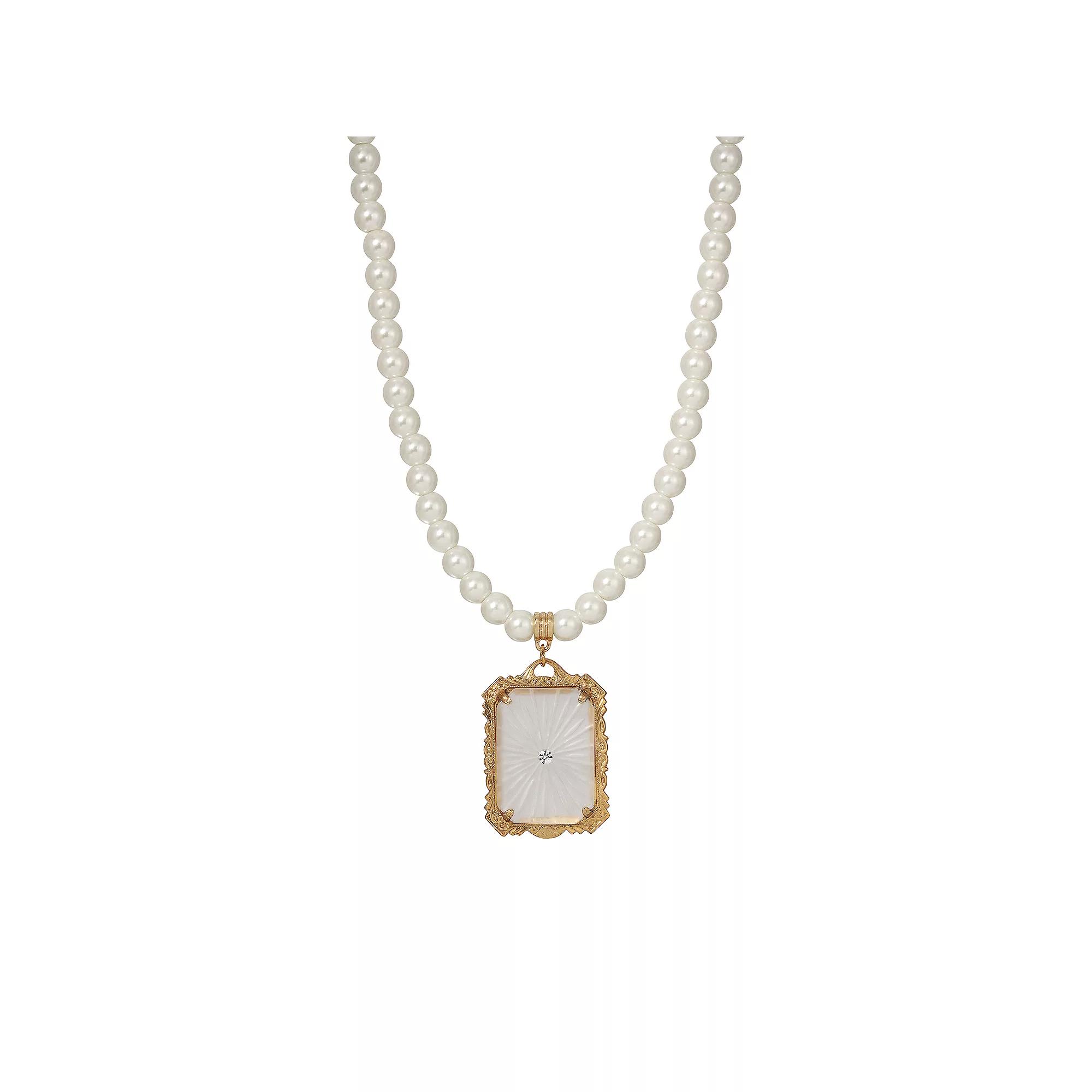 1928 Gold Tone Simulated Pearl & Crystal Frosted Glass Square Pendant Necklace, Womens, White Product Image