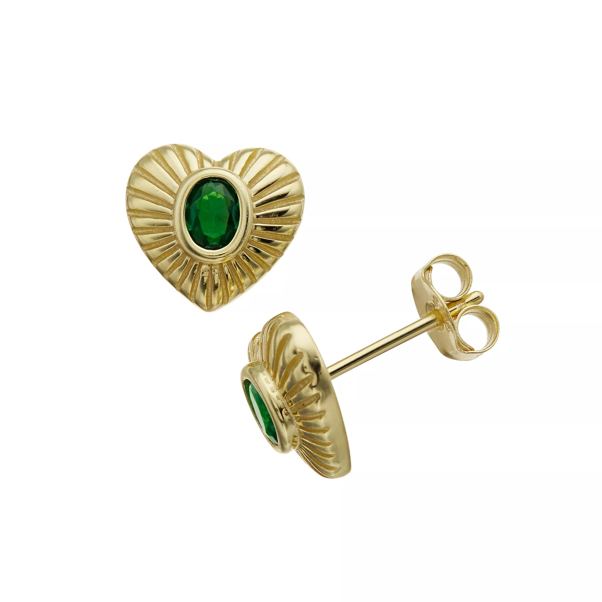14k Gold Over Silver Green Cubic Zirconia Sunray Heart Stud Earrings, Womens, Gold Tone Product Image