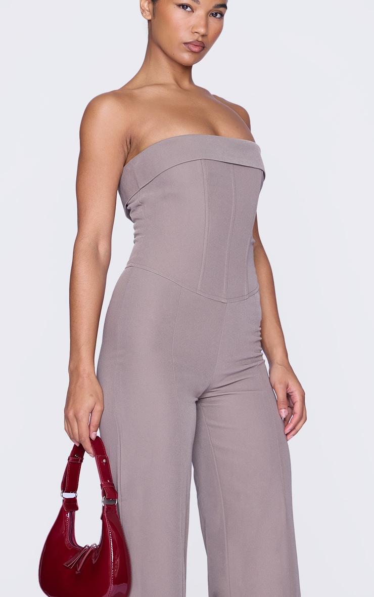 Taupe Premium Woven Bandeau Coreset Straight Leg Jumpsuit Product Image