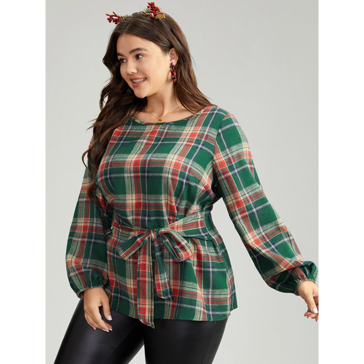 Plus Size DarkGreen Christmas Plaid Ties Lantern Sleeve Blouse Women Elegant Long Sleeve Round Neck Festival-Christmas Blouses BloomChic 30/6X Product Image