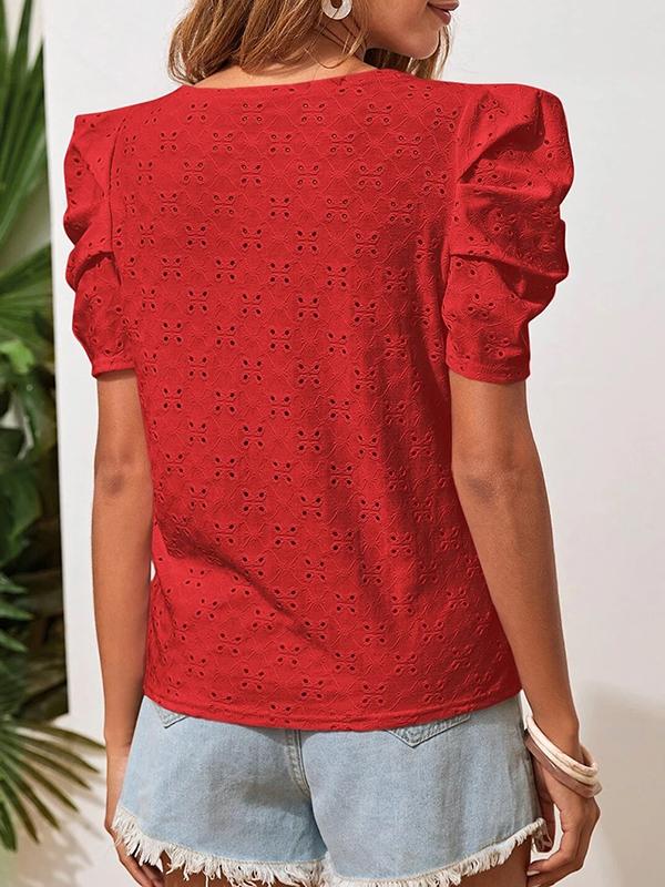 Loose Short Sleeves Hollow Pleated Solid Color Round-Neck T-Shirts Tops Product Image