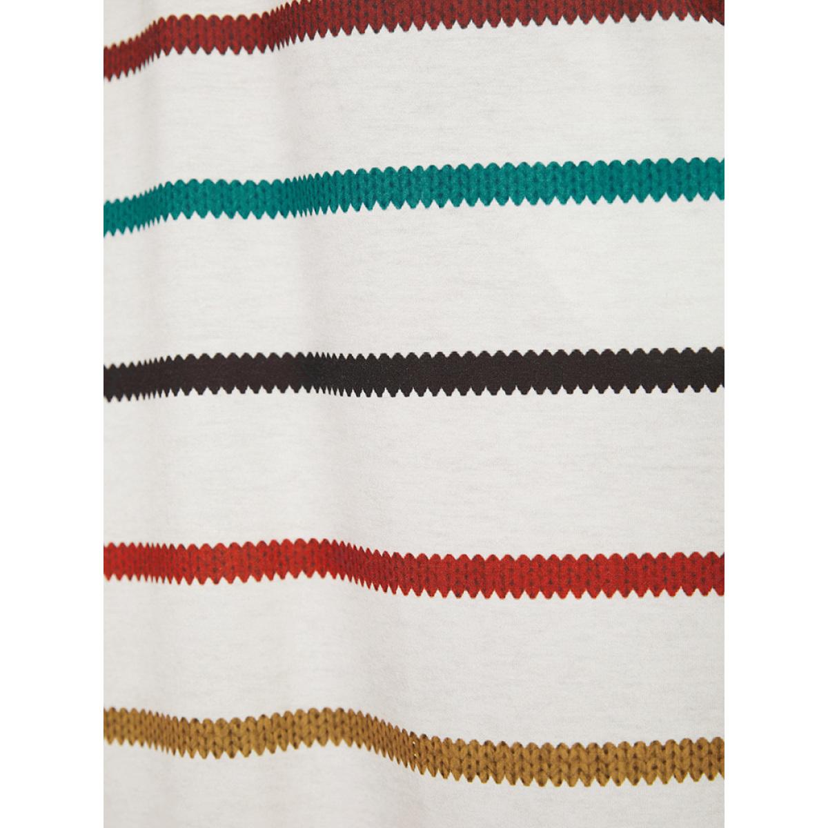 Plus Size Rainbow Striped Pocket Curved Hem Dress White Women Casual Contrast V-neck Short sleeve Curvy Midi Dress BloomChic 18-20/2X Product Image