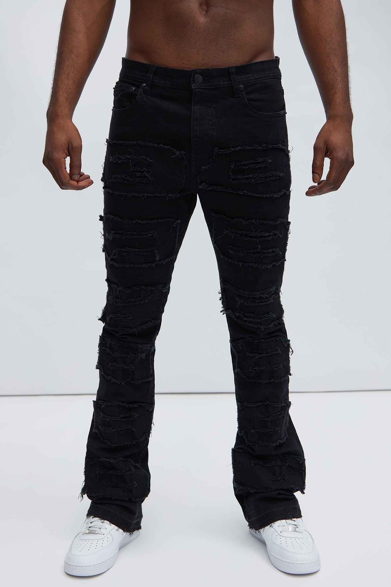 Patch Ripped Stacked Skinny Flare Jeans - Black Product Image