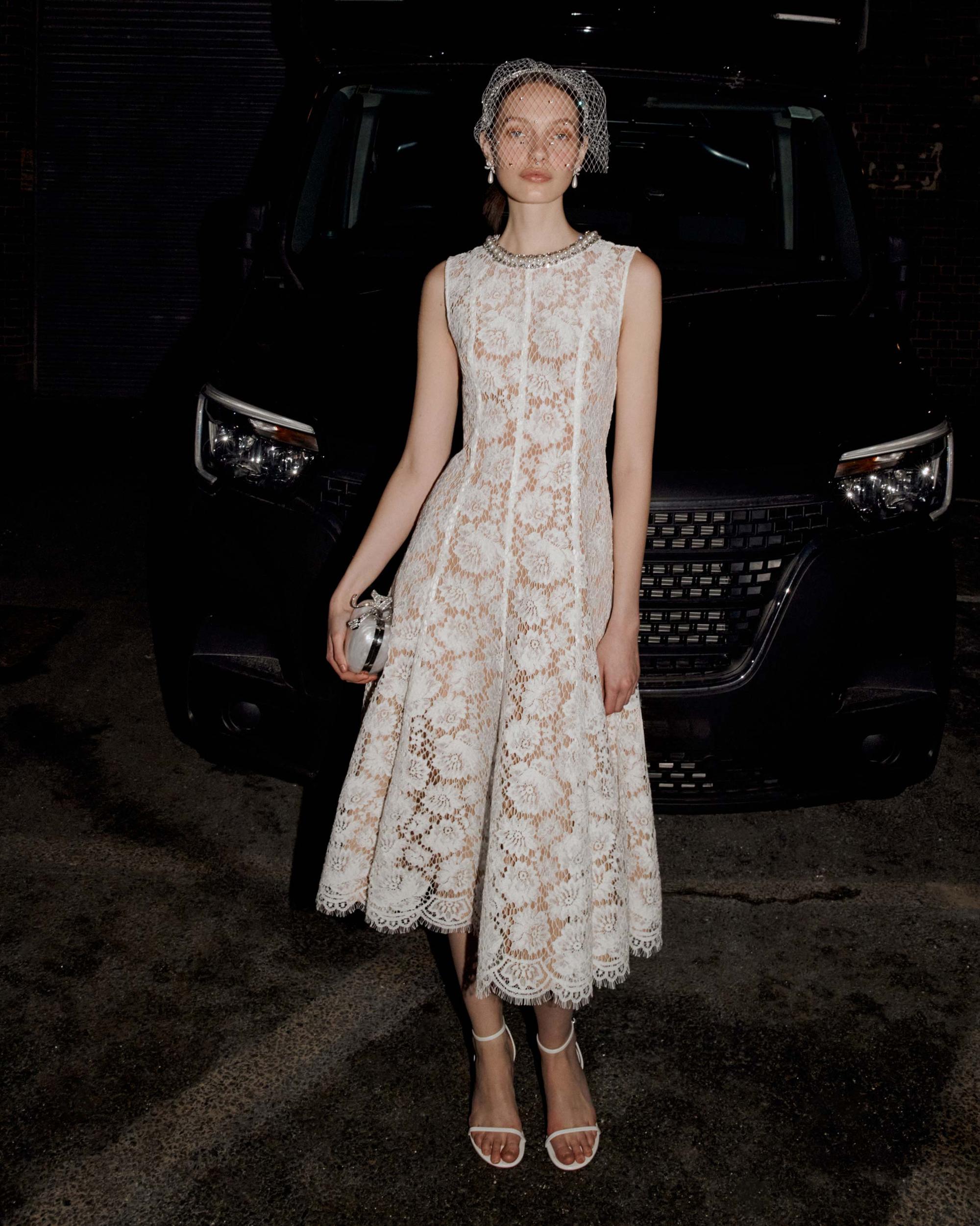 White Fine Lace Pearl Midi Dress Product Image