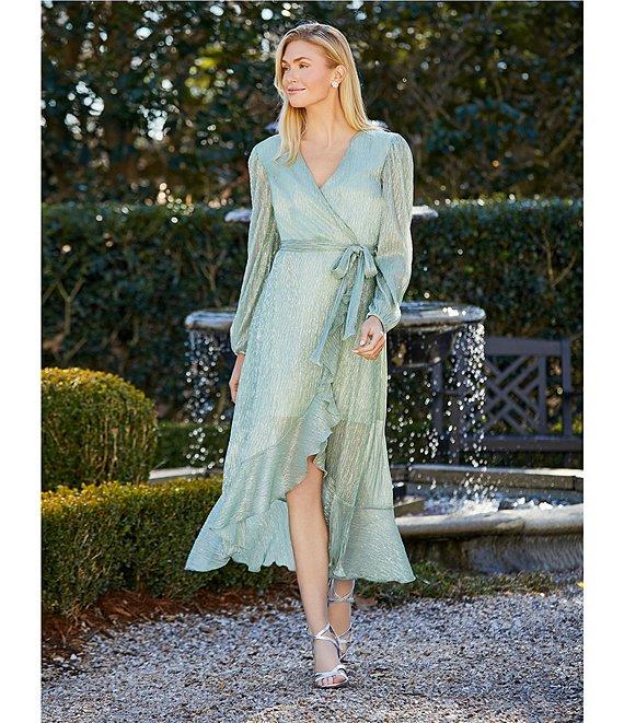 Kensie Metallic Faux Wrap Long Sleeve Crinkle Knit Sheer Overlay Surplice V-Neck Ruffle Hem Midi Dress Product Image
