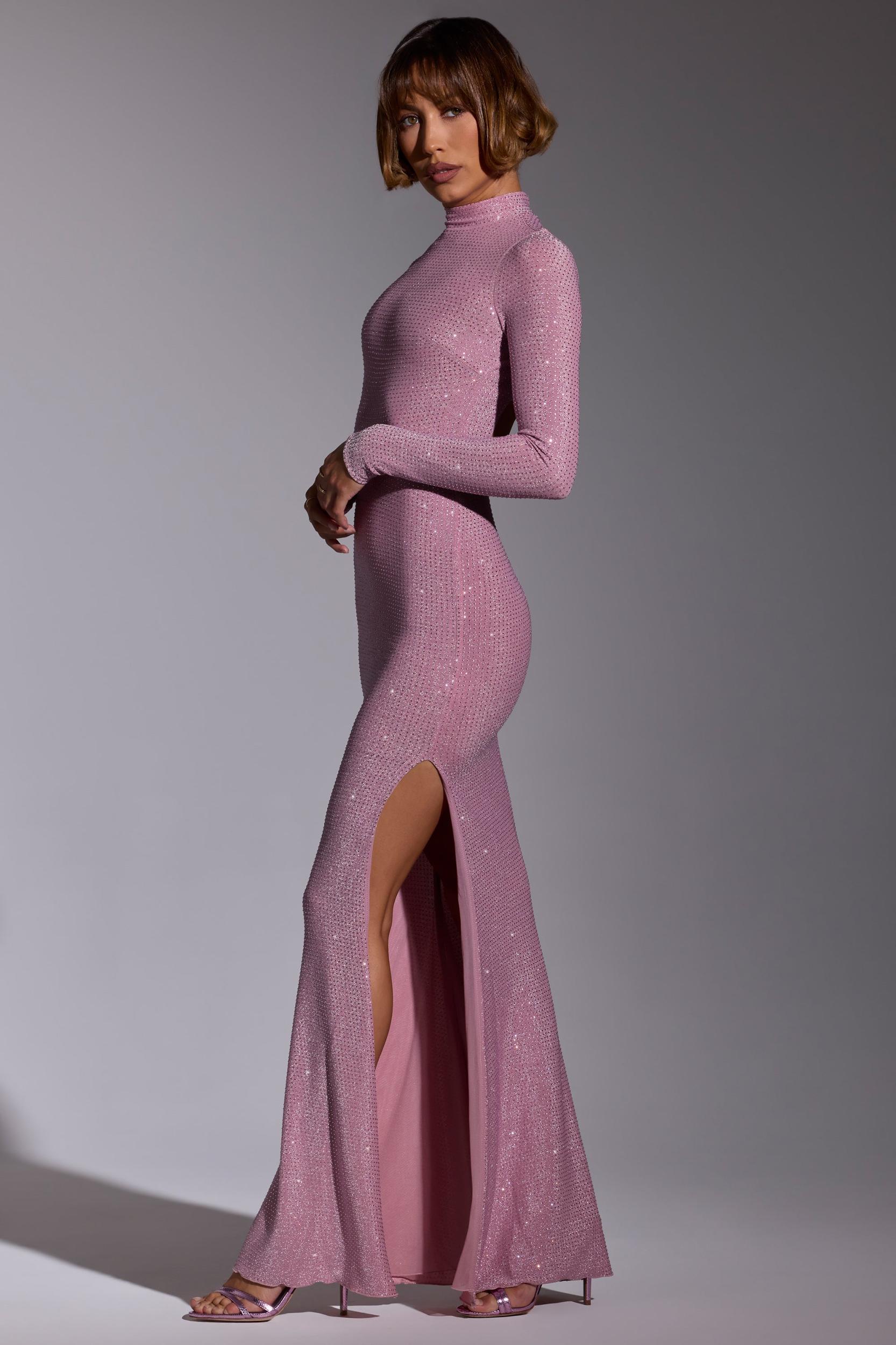 Embellished Long Sleeve Evening Gown in Light Pink Product Image