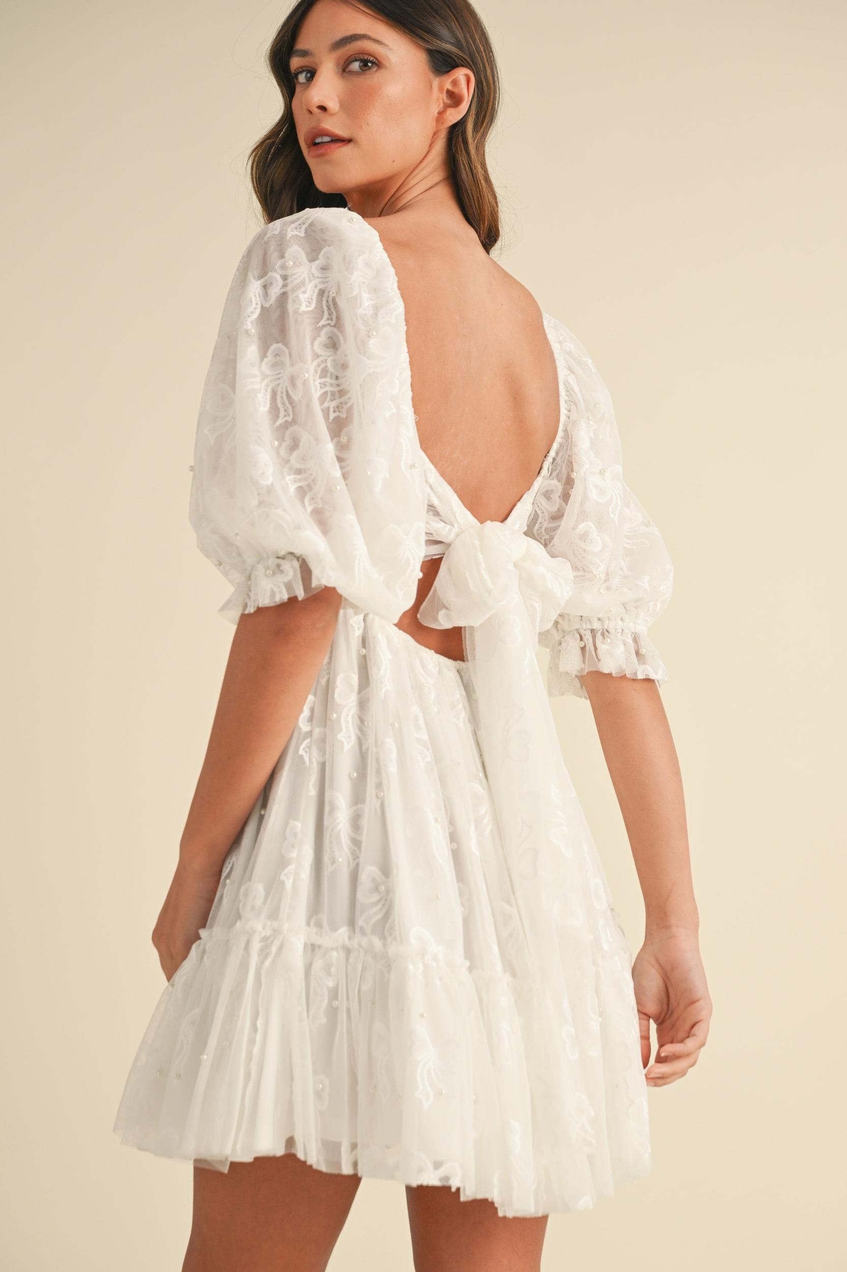 Jacquard Bow & Pearl Detail Mesh Dress Product Image