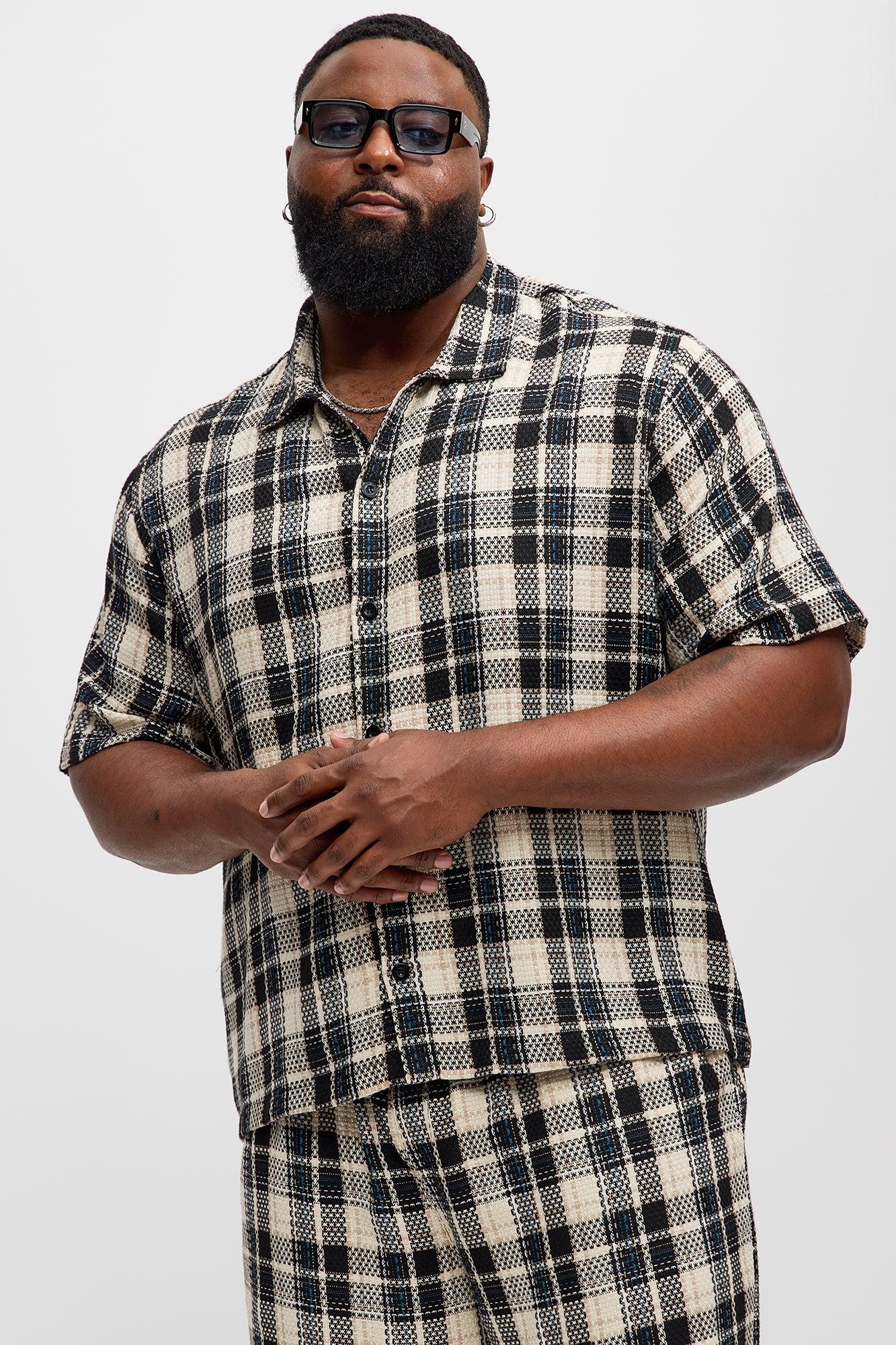 Plaid Basket Weave Cropped Button Up Shirt - Black/combo Product Image