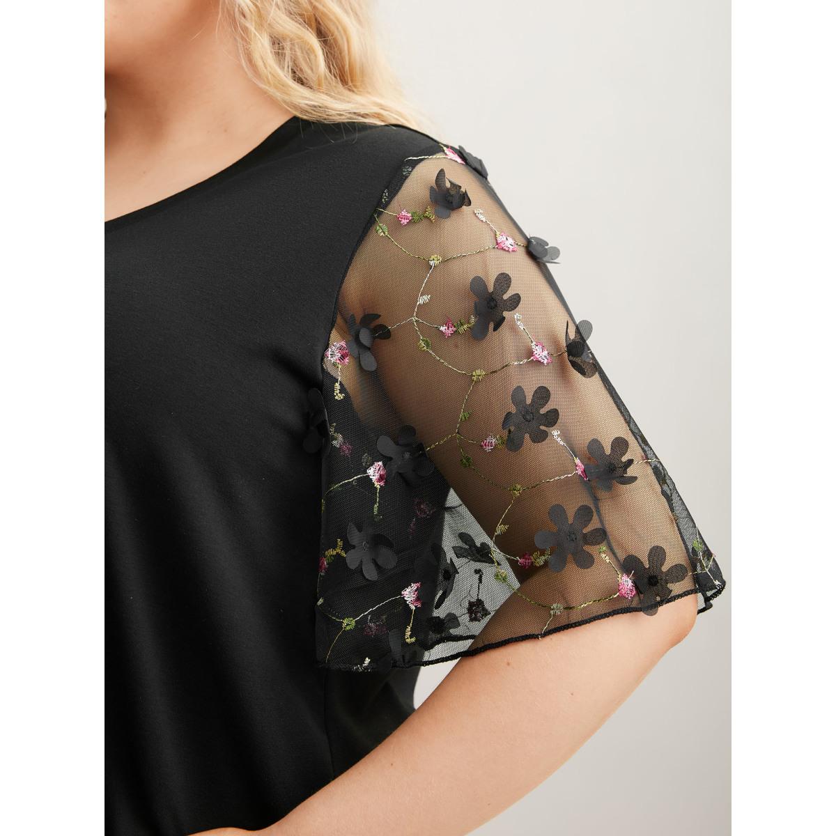 Plus Size Sheer Mesh Sleeve Stretchy T-Shirt Black Women Elegant See through V-neck Everyday T-shirts BloomChic 12/L Product Image