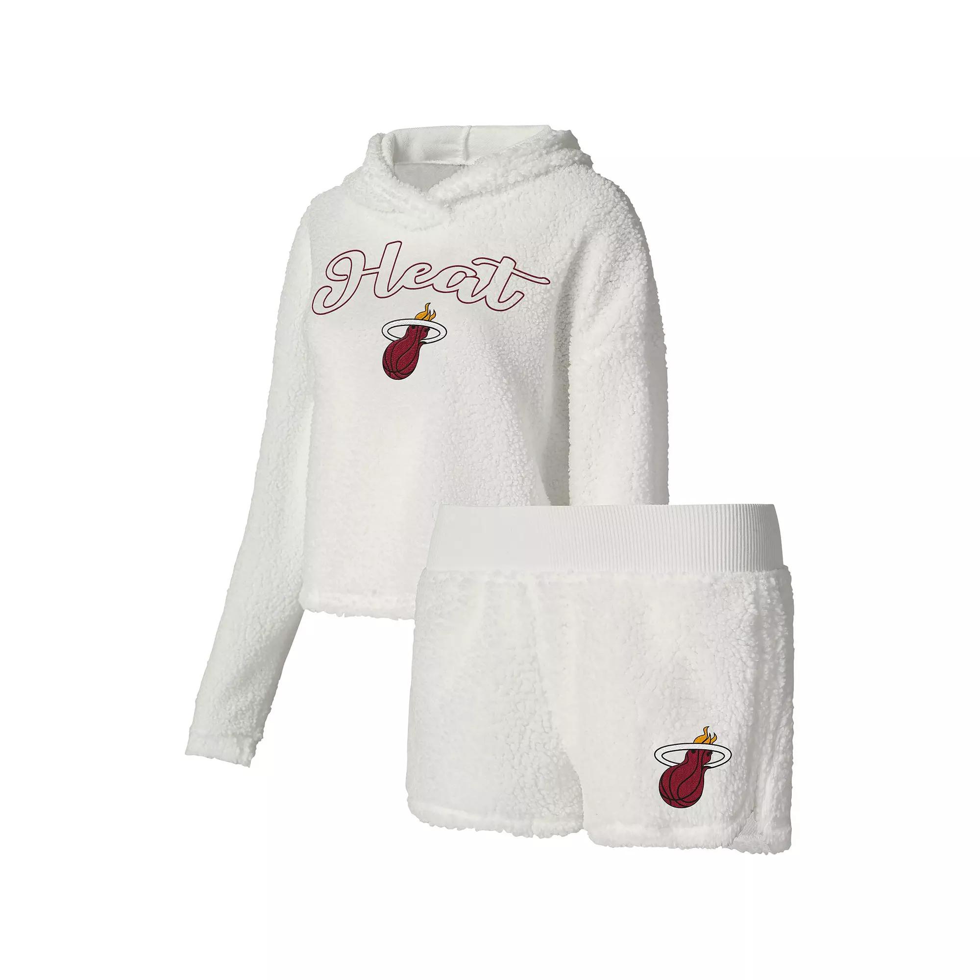 Women's College Concepts Cream Miami Heat Fluffy Long Sleeve Hoodie T-Shirt & Shorts Sleep Set,  Product Image