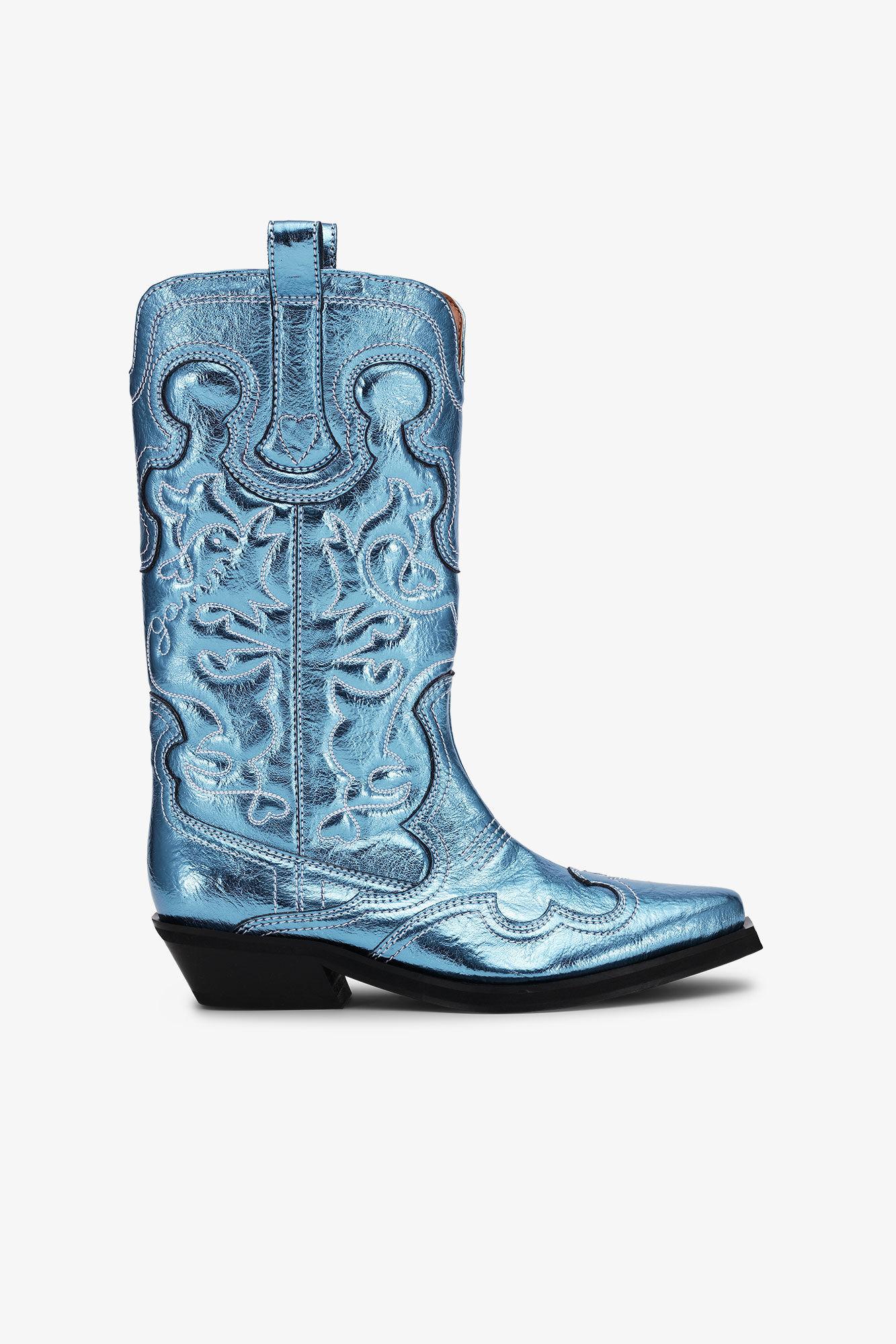 Blue Metallic Mid Shaft Embroidered Western Boots Product Image