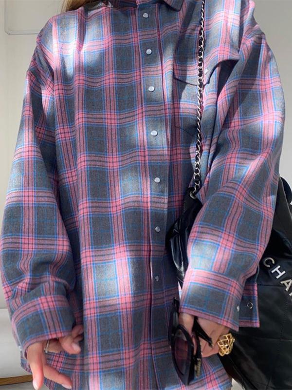 Vintage Plaid Print Long Sleeve Blouse Product Image