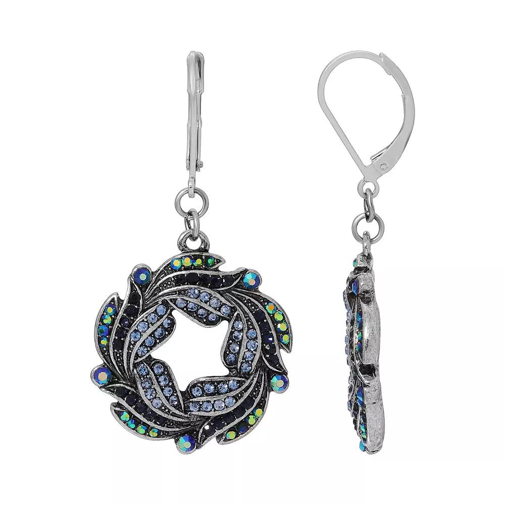 1928 Silver Tone Aurora Borealis Crystal Oxidized Wreath Drop Earrings, Women's, Blue Product Image