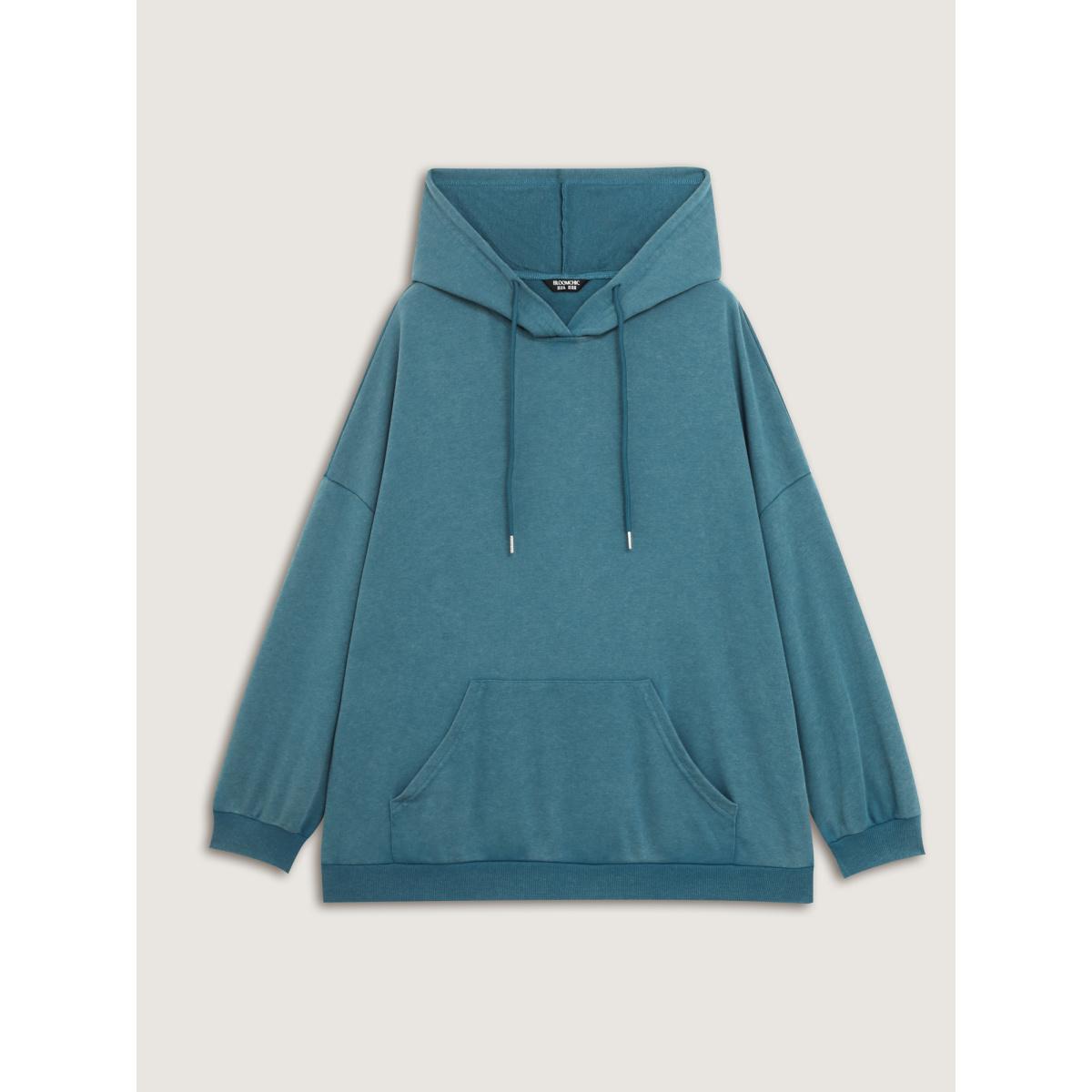 Plus Size Vintage Pockets Solid Hoodie Women Cerulean Leisure Hooded Casual Sweatshirts BloomChic 22-24/3X Product Image