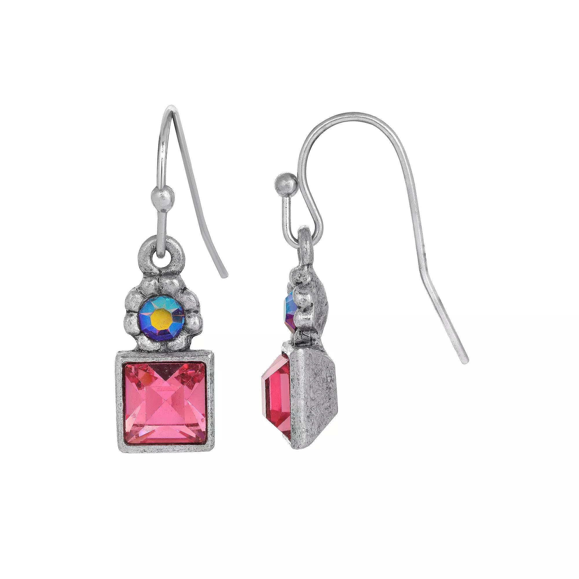 1929 Silver Tone Aurora Borealis Flower & Rose Pink Crystal Earrings, Women's Product Image