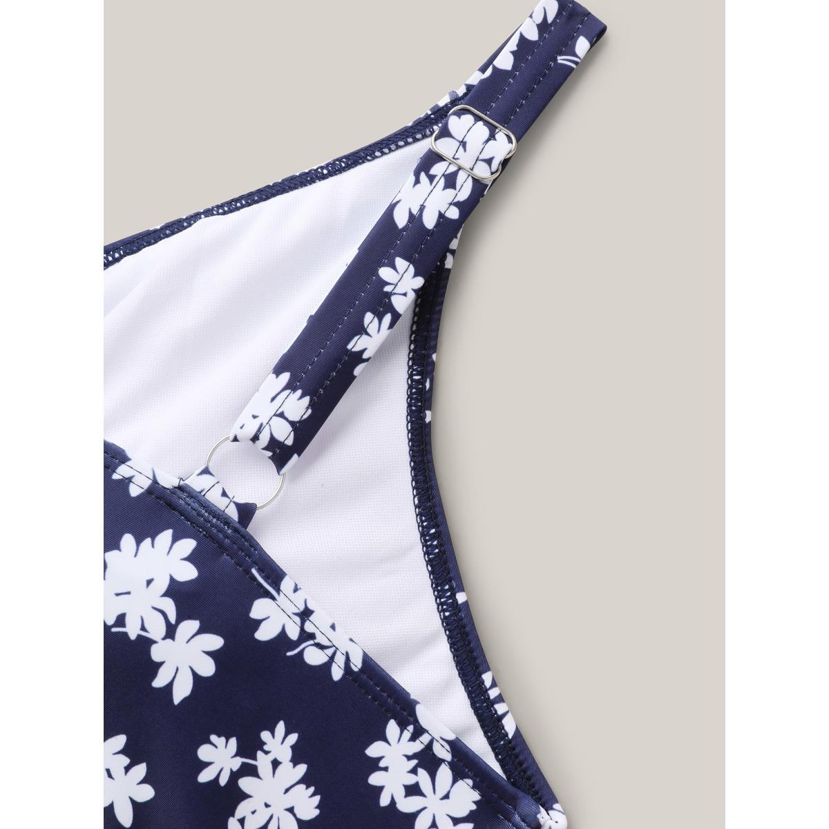 Plus Size Floral Print Mesh Fit Flare Swim Dress Women's Swimwear Indigo Beach Bodycon Overlap Collar High stretch Curve Swim Dresses BloomChic 18-20/2X Product Image